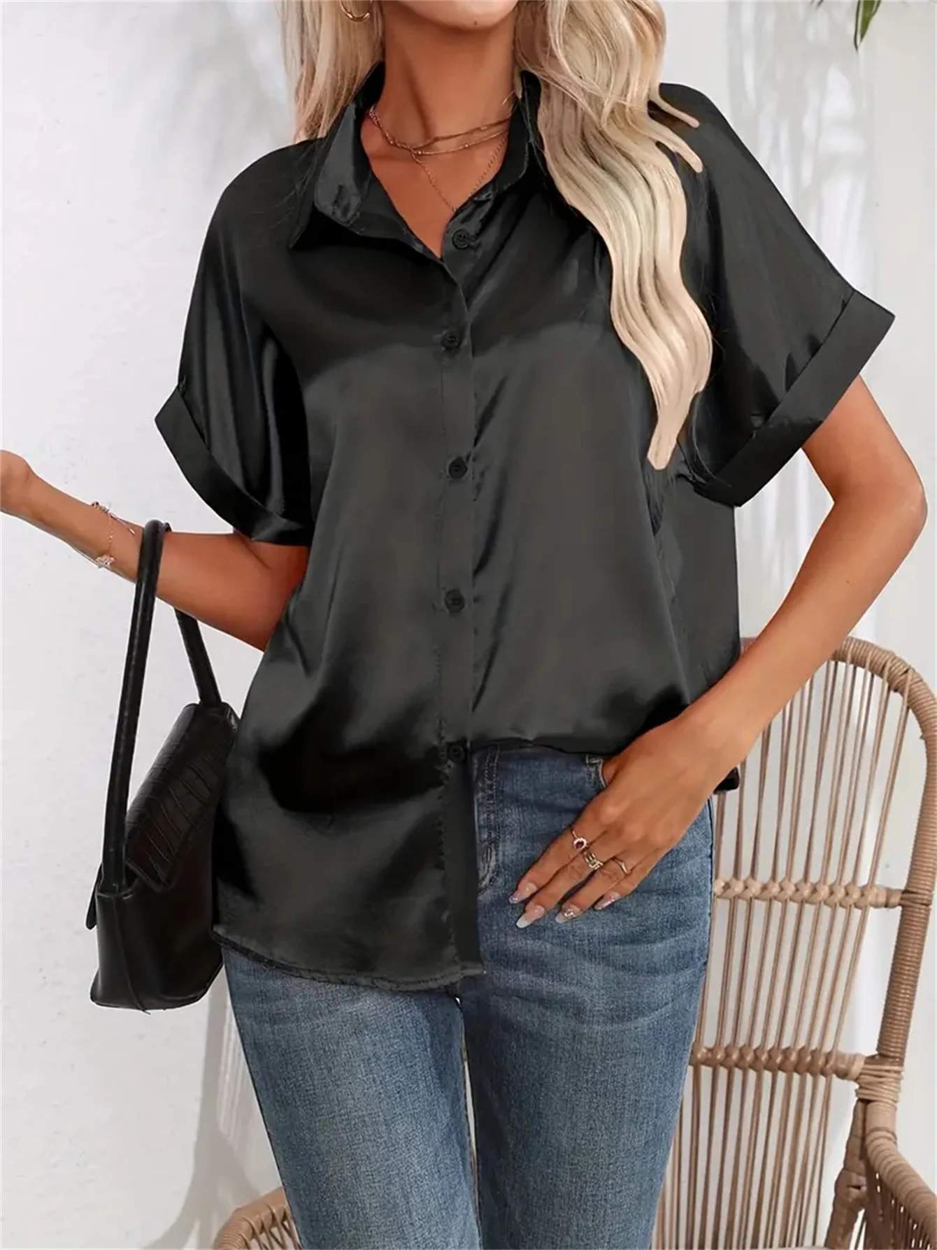 Casual Turn-Down Collar Button Front Solid Color Short Sleeved Satin Shirt Women Summer Blouse