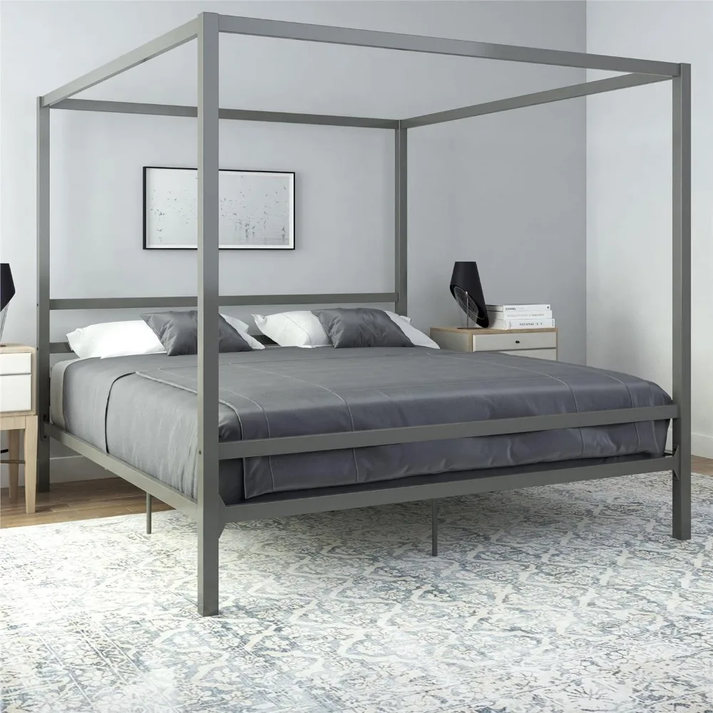 Modern Metal Canopy Platform Bed with Minimalist Headboard and Four Poster Design, Underbed Storage Space