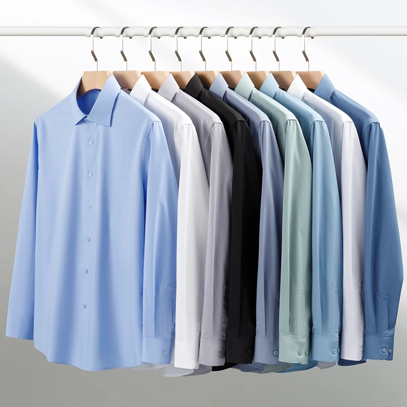 Bamboo Fiber solid color long sleeve shirts for men slim fit formal plain shirt work anti-wrinkle tops soft office clothes