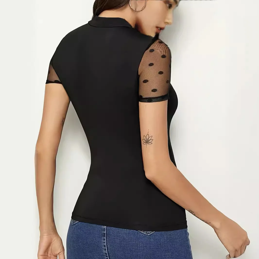 2026 Sexy Mesh Stitching Small Stand-up Collar Short-sleeved T-shirt Slim Top Women's Slim Cw81273