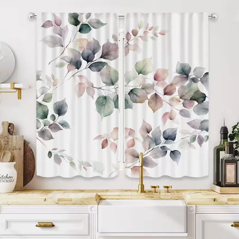 2 Stück Aquarell-Blatt-Blumenmuster-Vorhänge, entworfen zur Lichtblockierung, hochwertiges Material, geeignet für Küche, Wohnzimmer,