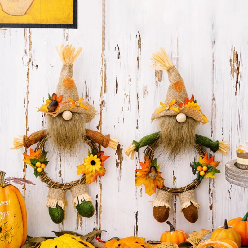 Couronne d'Automne Artificielle pour Porte d'Entrée, Gnome en Peluche, Feuilles d'Érable de Tournesol, Récolte Faite à la Main pour Décor de Thanksgivings