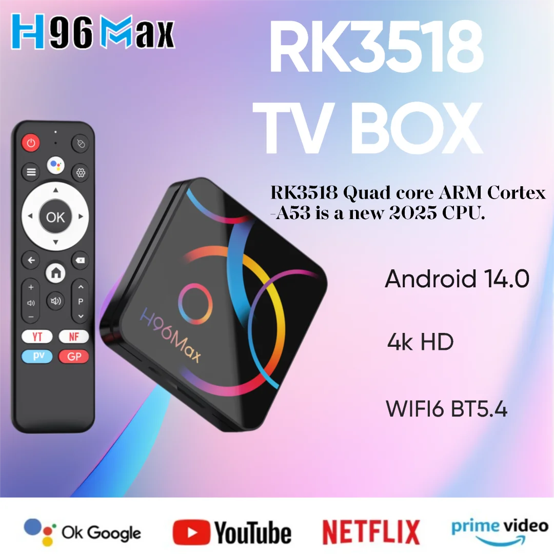 

H96 Max RK3518 Colorful Edition Android 14 Smart TV Box Quad-Core 4K Media Player WiFi6 BT5.4 Google Voice Colorful Lens Design