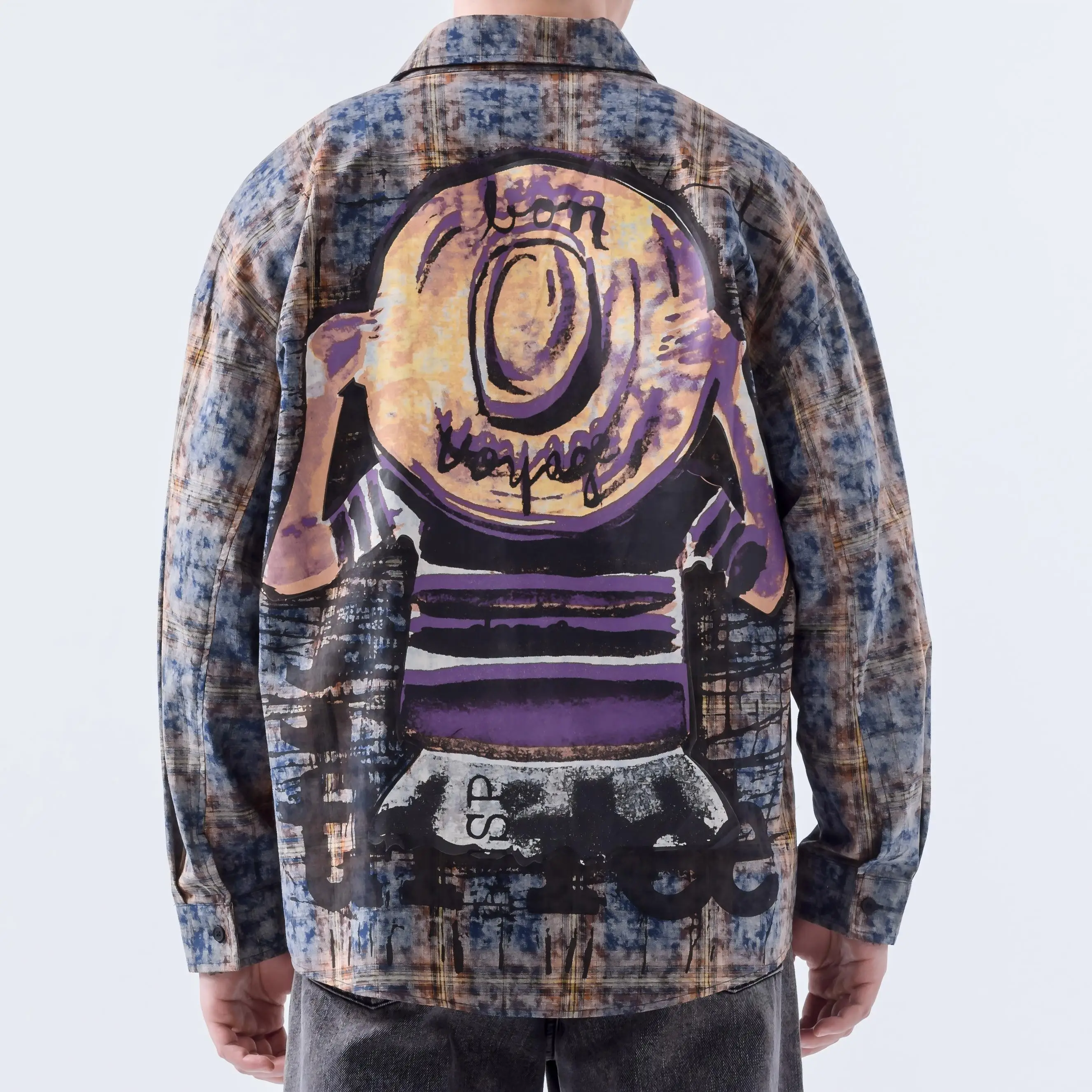 

100% Cotton Vintage Plaid Shirt Long Sleeve Back Graphic Distressing Jacket Coat Hand Drawn Graffiti Distressing Shirt