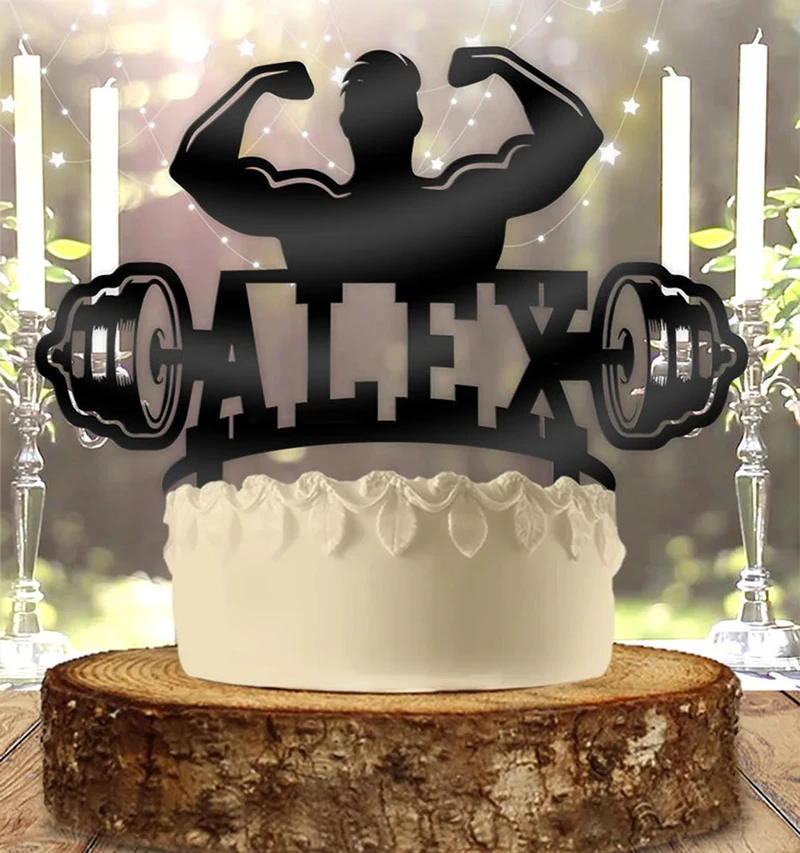 Strong Man Weightlifter Bodybuilder Name Personalized Birthday Cake Topper