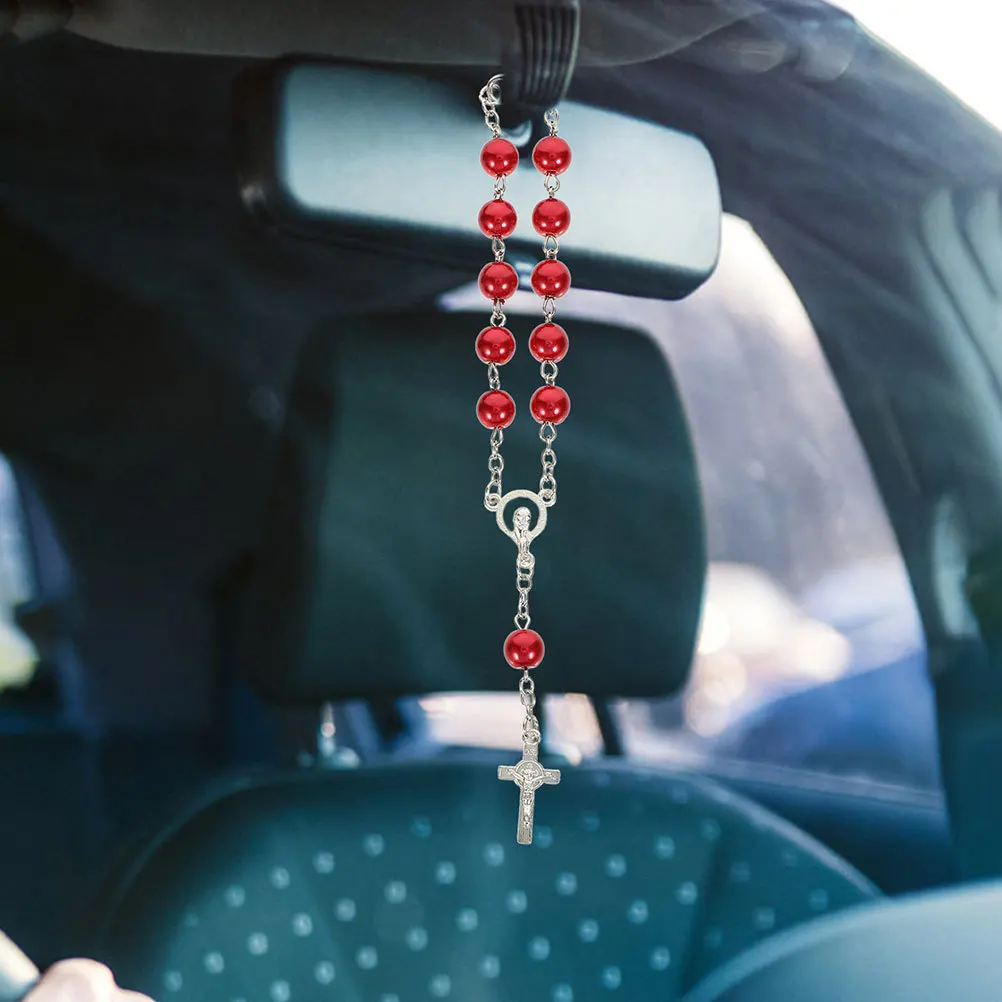 

2Pcs Rearview Mirror Car Rosary Cross Pendant Auto Decor Catholic Hanging Accessories Rearview Mirror Auto Rosary