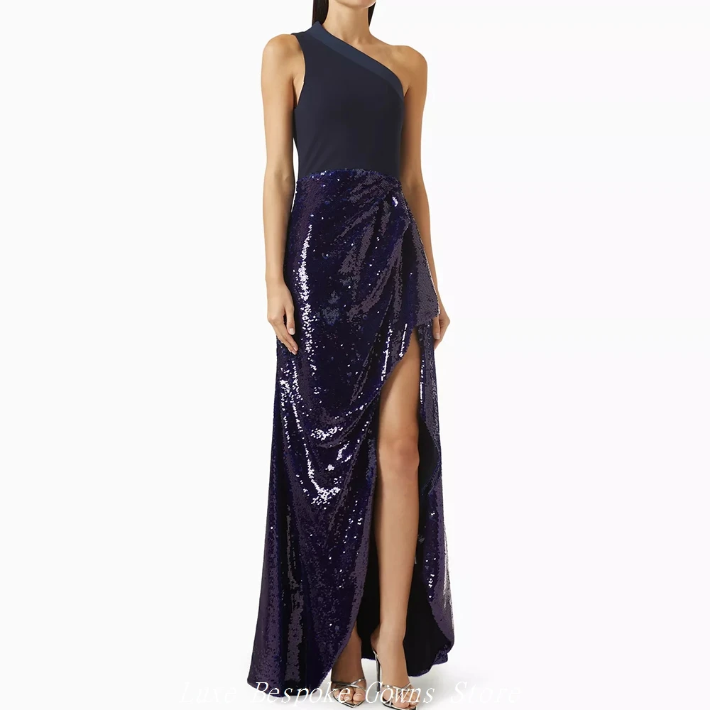 

Women's A-line Evening Dresses Floor-length One-shoulder Sleeveless Prom Dresses Fashion Sequined Simple Draped Customized Gowns