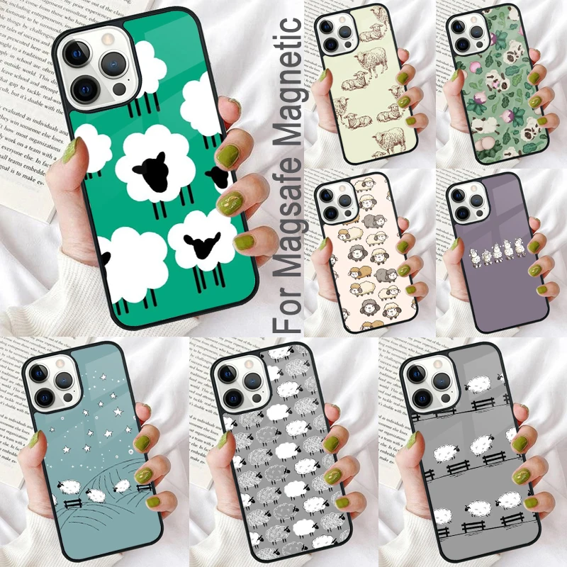 

Мягкий Магнитный чехол с изображением милой овцы для iPhone 16 Promax 15 Pro 13 14 Plus 11 12 Mini MagSafe Coque