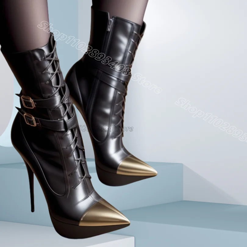 

Black Matte Leather Stiletto Short Boots Pointed Toe Belt Buckle New Fashion Party Casual Women Boots 2025 Zapatos Para Mujere