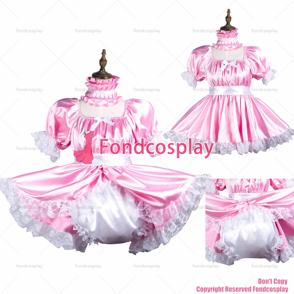 fondcosplay adult sexy cross dressing sissy maid baby pink satin dress lockable Uniform jumpsuits rompers CD/TV[G3736]