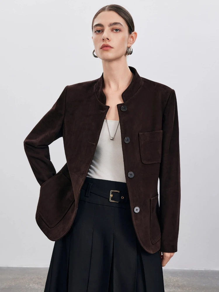 

Vintage Genuine Leather Suede Jackets Women Spring Autumn High-end Simple Stand Collar Slim Single Breasted Real Sheepskin Coat