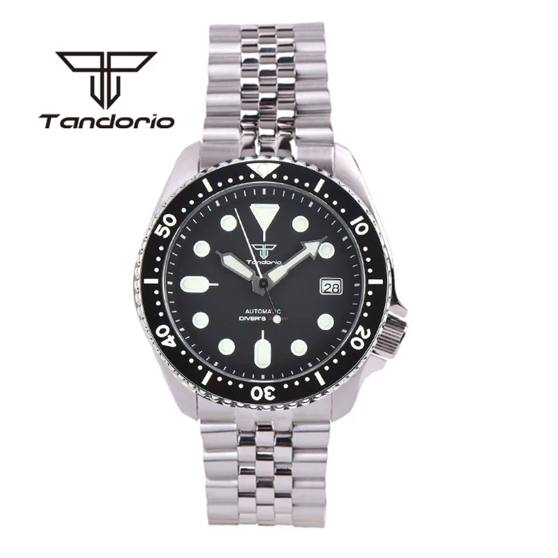 Tandorio NH35A 41mm 200m Automatic Diving Men Wristwatch Steel Bracelet Black/Blue/Green Dial Luminous Sapphire Glass Auto Date