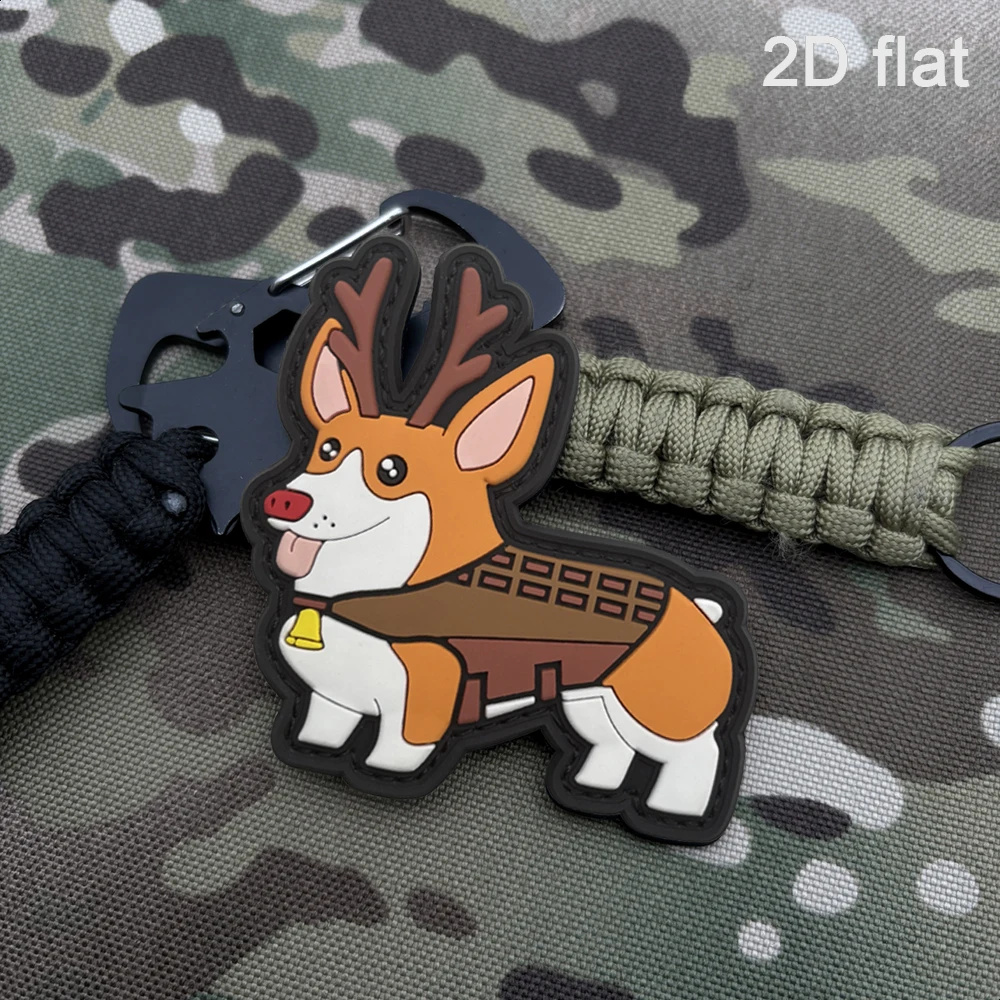 Cute Red-Nosed Deer Antler Tactical Strap Corgi 1Pc Rubber Glow-In-The-Dark Effect Velcro Patch with Matching Plush Surface, Full Coverage Black Edge Layered Soft Rubber, Suitable for Tactical Vests, Backpacks, Baseball Caps, Various Clothing Accessories, Daily Wear view 4