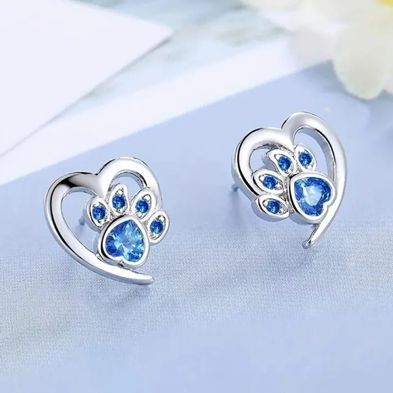 Huitan 925 Sterling Silver Stud Earrings Footprint Heart Designed with Blue/White CZ Earrings Girl Gorgeous Party Fine Jewelry