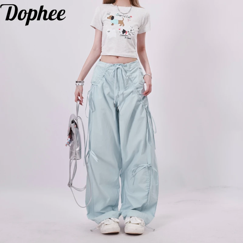 

Dophee Female Cargo Pants New Spring Summer Spice Girls Bandage Bow All-match Y2k Wide Leg Pants Casual Dance Straight Trousers