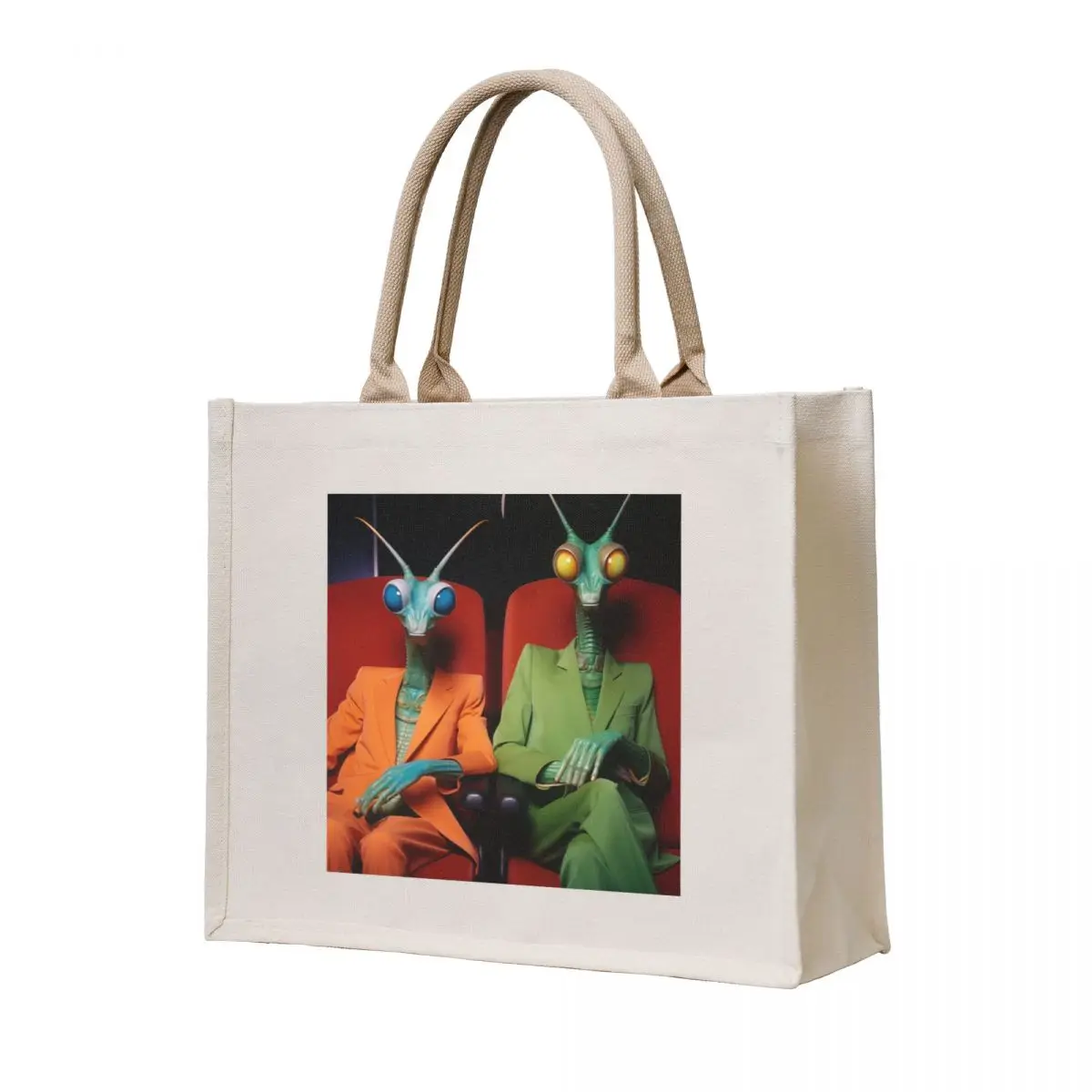 

Two sharply-dressed praying mantis at the movies Tote Bag women bag shopper bags Big bag Cloth