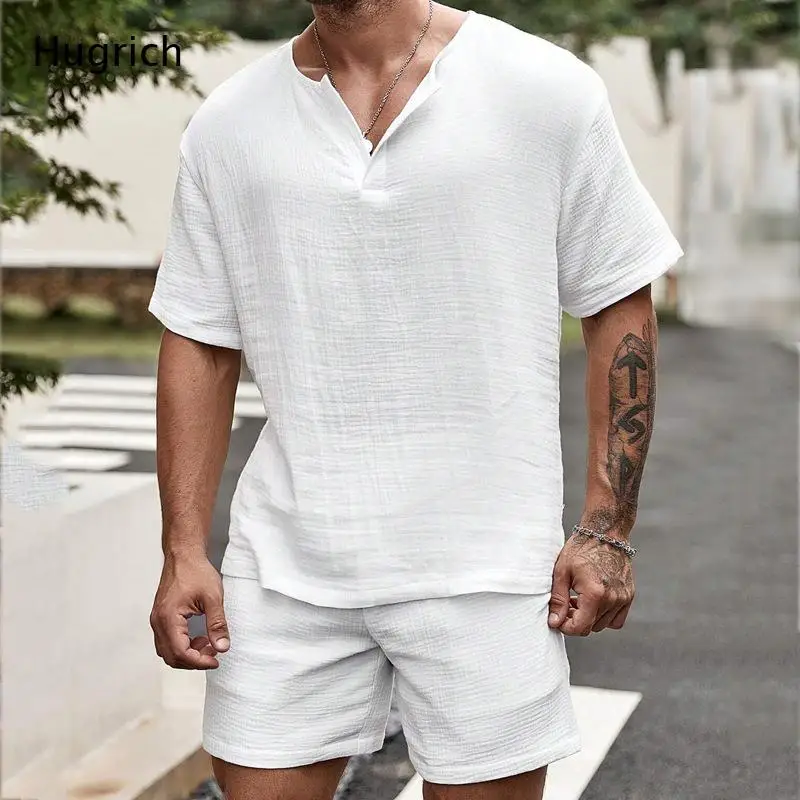 Men's Linen Feel Casual Co-Ord Set - Loose Fit Split Neck Pullover Top and Drawstring Walking Shorts