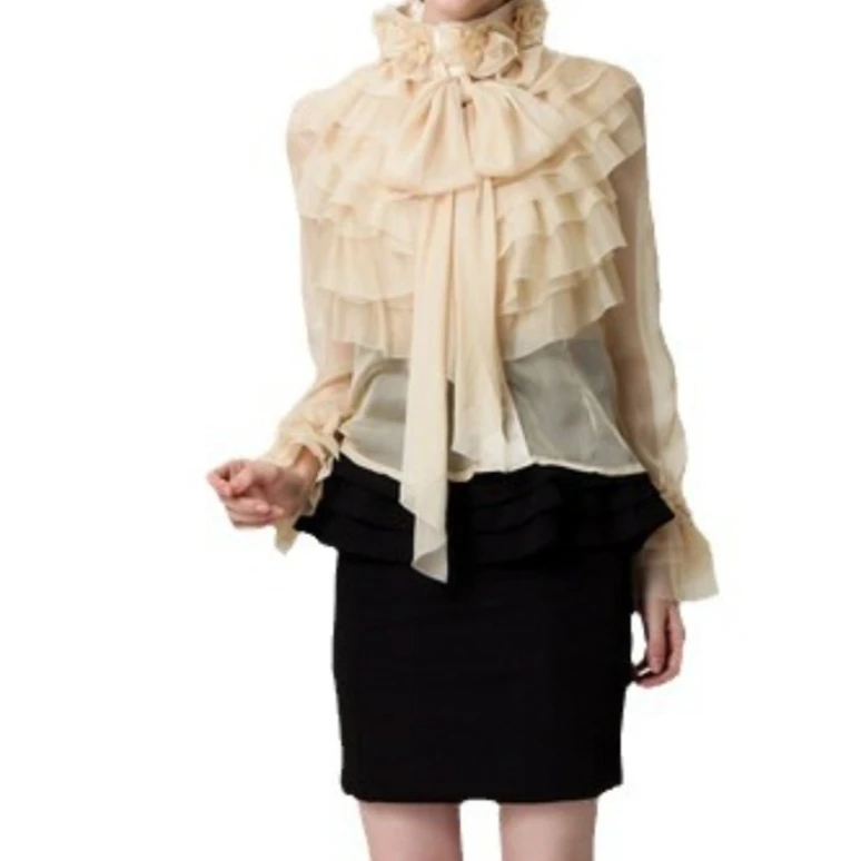 American Sexy See Through Top Long Sleeved Court Chiffon Shirt 2025 Spring New Stand Collar Flounce Spice Girls Blouse Women