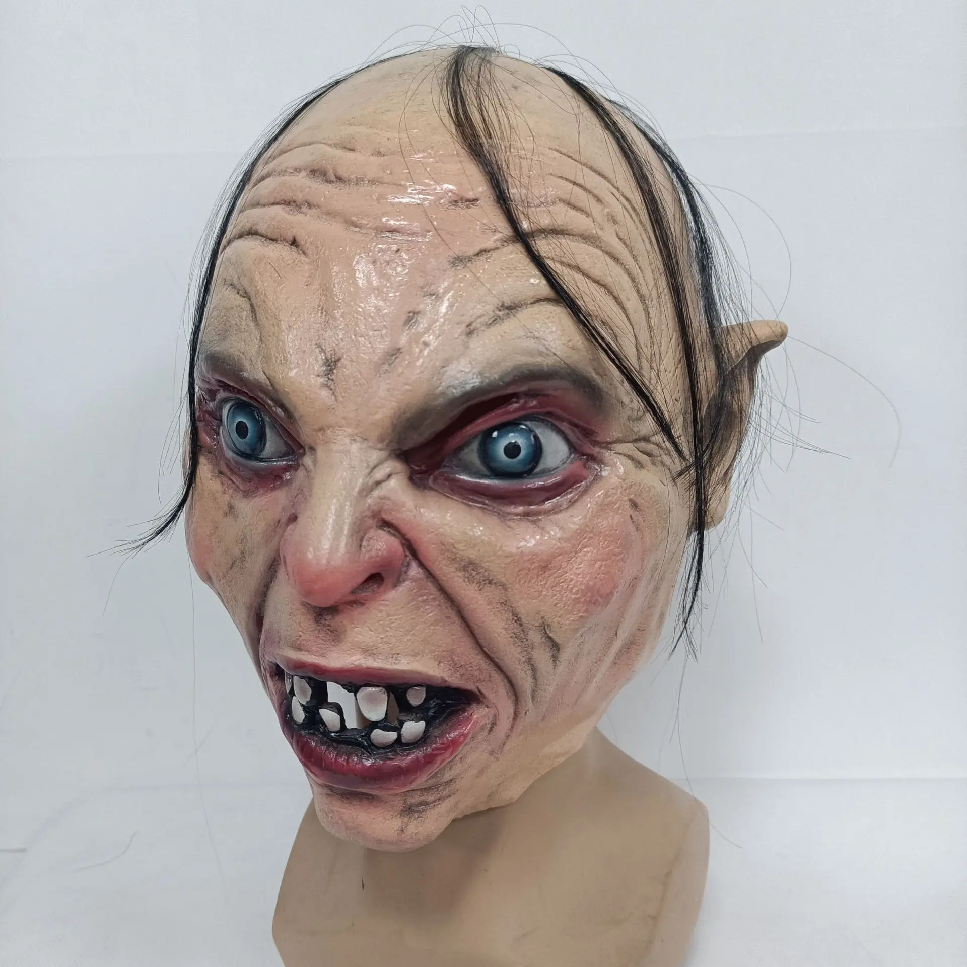 Gruselige Monster-Latexmaske mit Haaren und Spitzohren, Schreckliches Kreatur-Kopfteil für Halloween-Cosplay, Maskerade-Party-Kostüm-Requisiten – Detail 4
