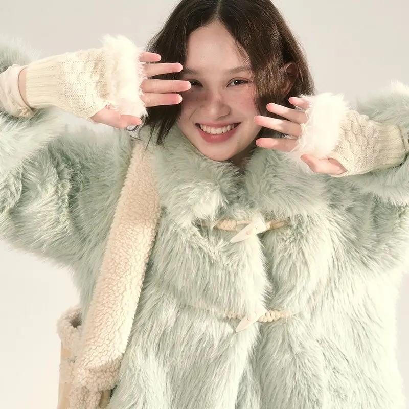 Coat With High-End Lapel And Horn Button Design Faux Fur Coat Green Korean Style Short Autumn And Winter Coat