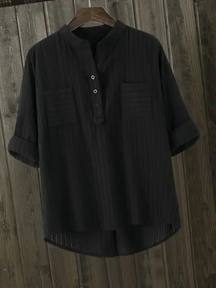 

Женские рубашки больших размеров, новинка 2025 года, свободная хлопковая блузка в корейском стиле, повседневная одежда Mujer, офисные топы с длинными рукавами и вертикальным v-образным вырезом