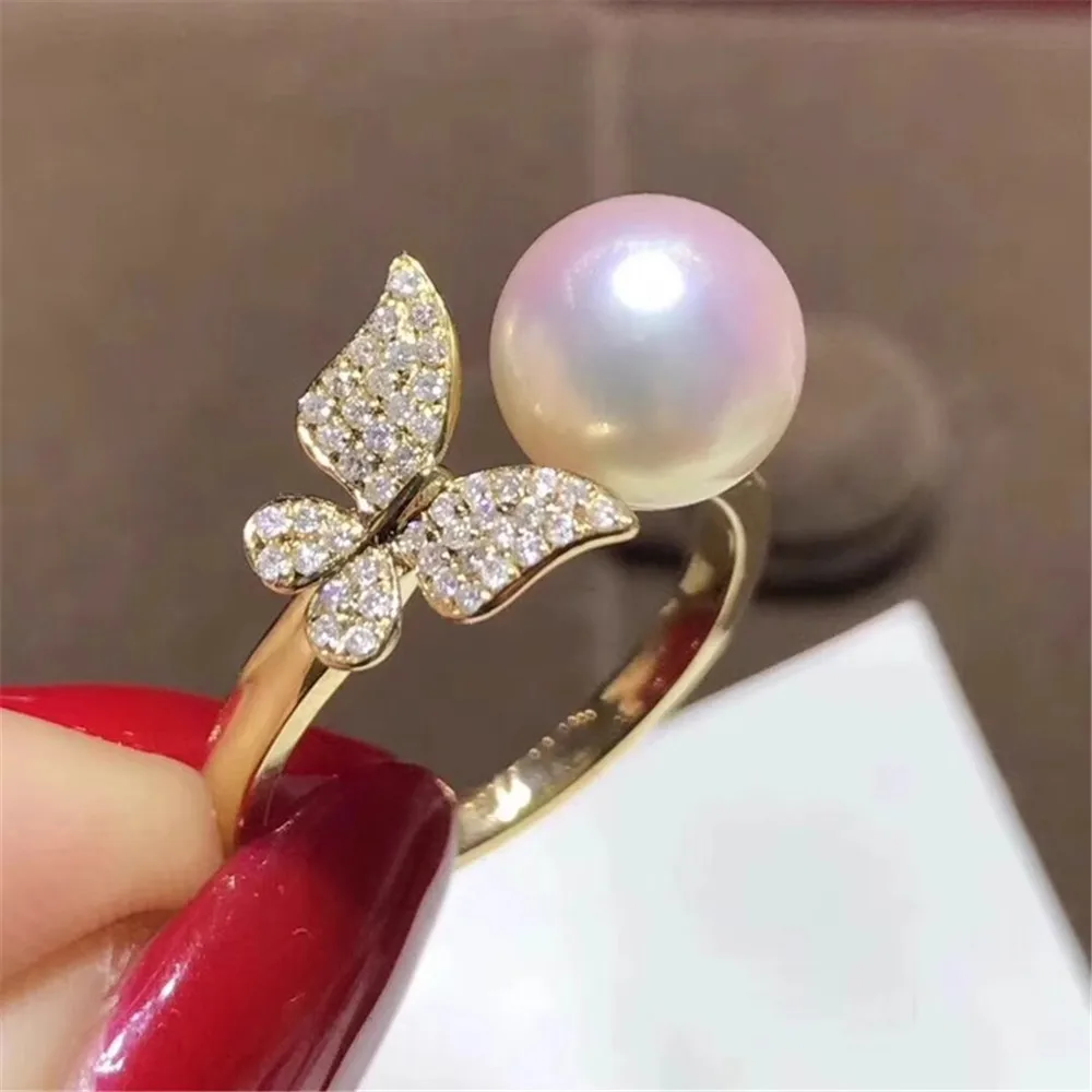 

DIY Pearl Ring Accessories S925 Silver Adjustable Natural Pearl Jade Ring Set Butterfly Style Fit 7-10mm Round Flat Beads Z231