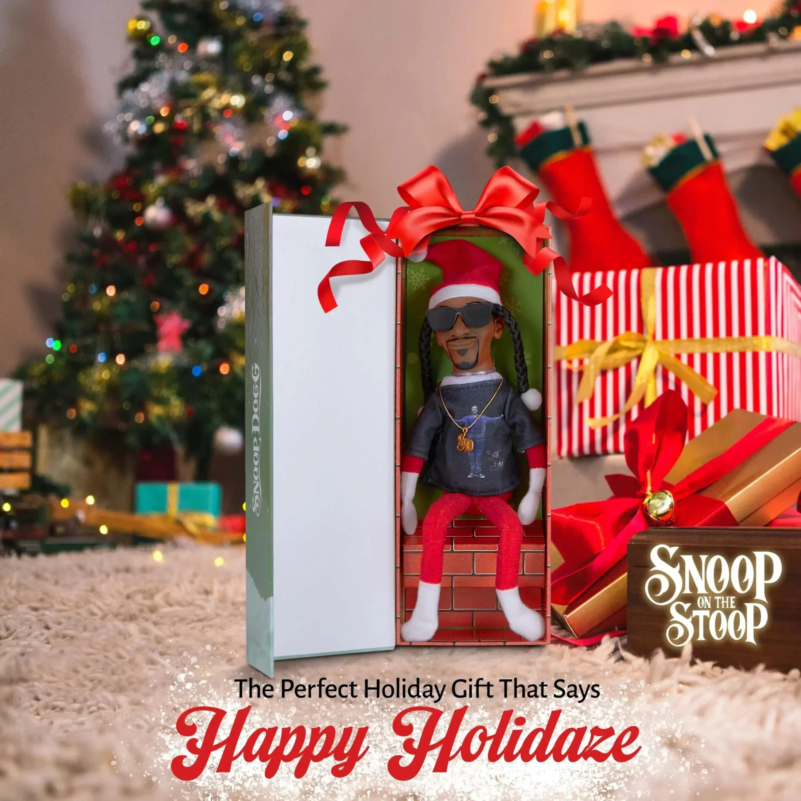 Novo snoop dogg snoop em uma tempestade natal elfo boneca 12 ”brinquedos de pelúcia prateleira decoração inclui elf brinquedo tshirt óculos de sol e colar