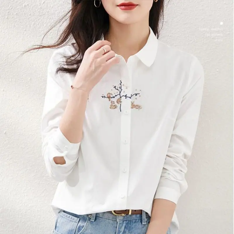 

Pure Cotton Shirt for Women in Spring New Style Fresh Literary Embroidery Casual Loose Versatile Long-sleeved Shirt
