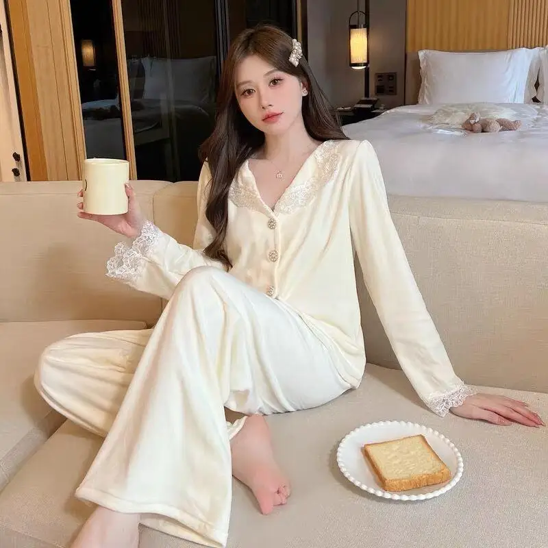 

Пижамные комплекты с кружевными краями для девочек, сексуальные модные брюки принцессы с длинными рукавами, кавайная милая одежда для отдыха, весенне-осенняя одежда для сна, одежда