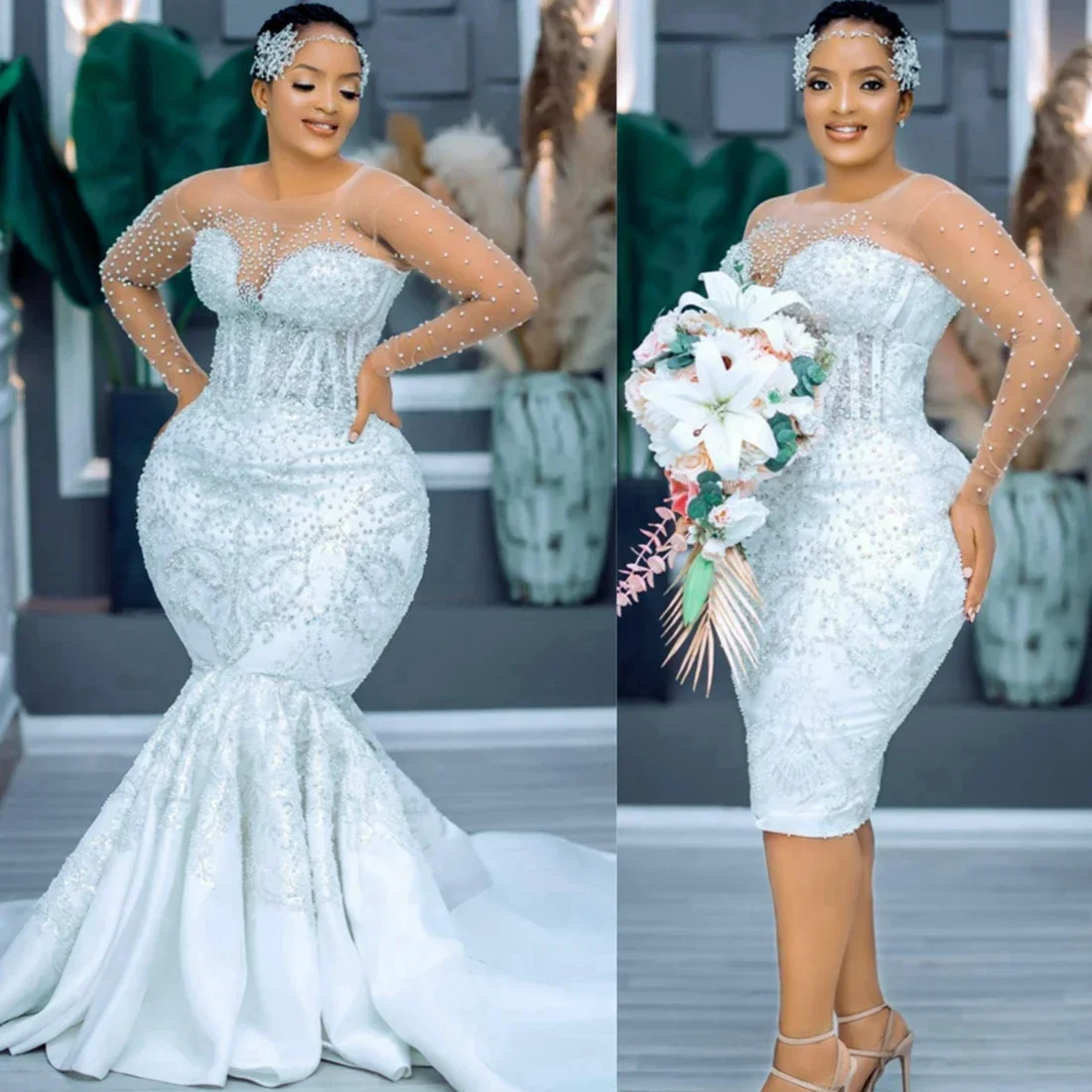 Customized  O-Neck  Sparkly Beads Crystal Wedding Dress For Bride Robe De Mariée  Long Sleeves Bridal Gown with Removable Skirt