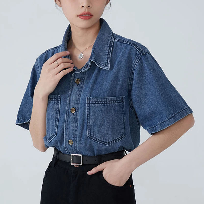 Rimocy Ol Office Denim Shirt for Women Summer 2023 Turn Down Collar Short Sleeve Blouse Woman Fashion Button Up Jean Jacket