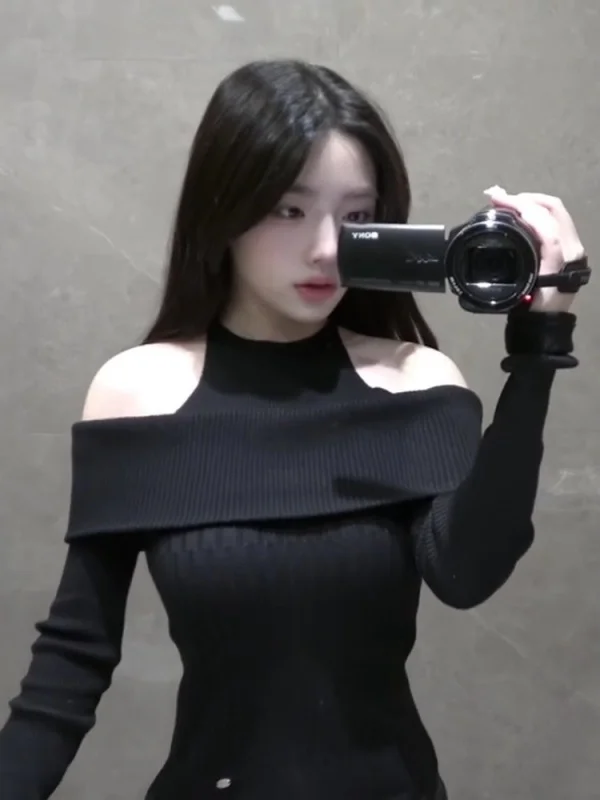 

Korean Sle One-oulder Long Sve Knitted Sweater Women's Inner Wear Slimming oulder Exposure Spring Faion Top