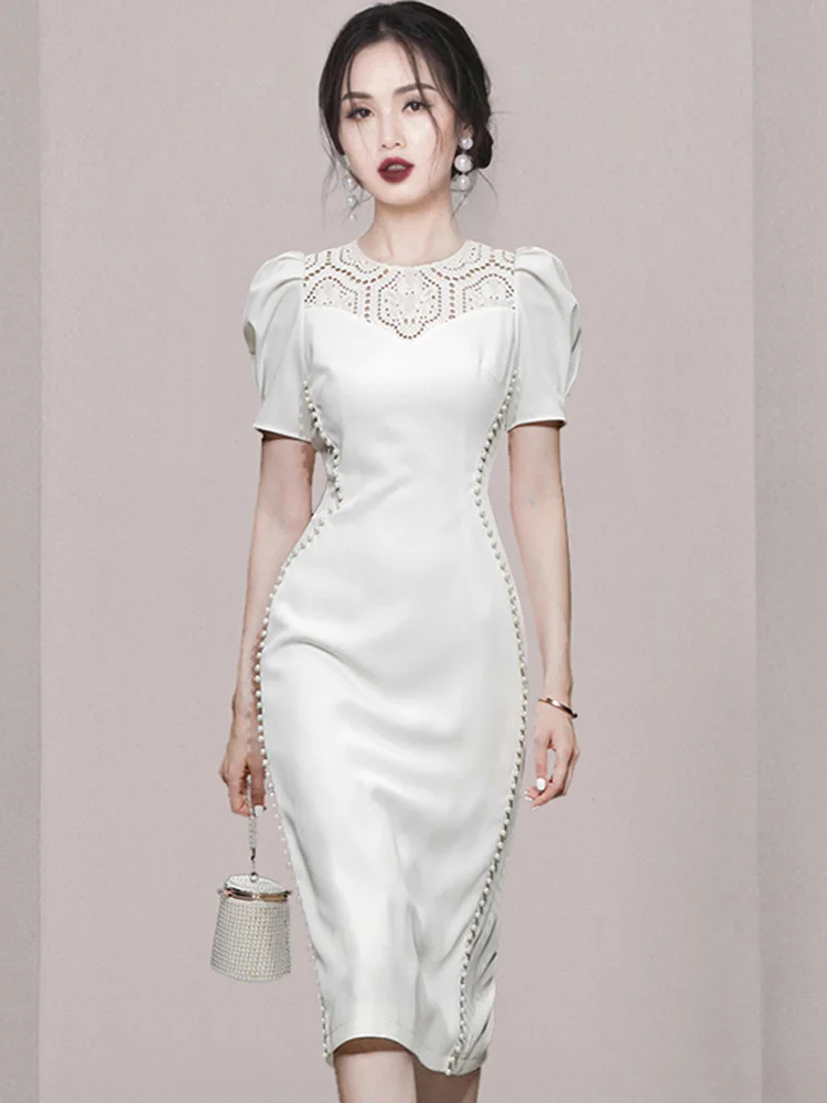 Elegant Party Dress Summer White O-Neck Lace Stitching Puff Sleeve Single Row Noble Beading On Both Sides Sheath Dress Women