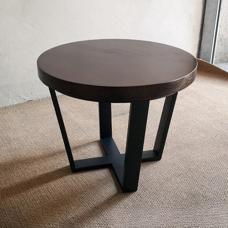 Retro solid wood wrought iron bar round coffee table hotel homestay creative industrial style coffee table