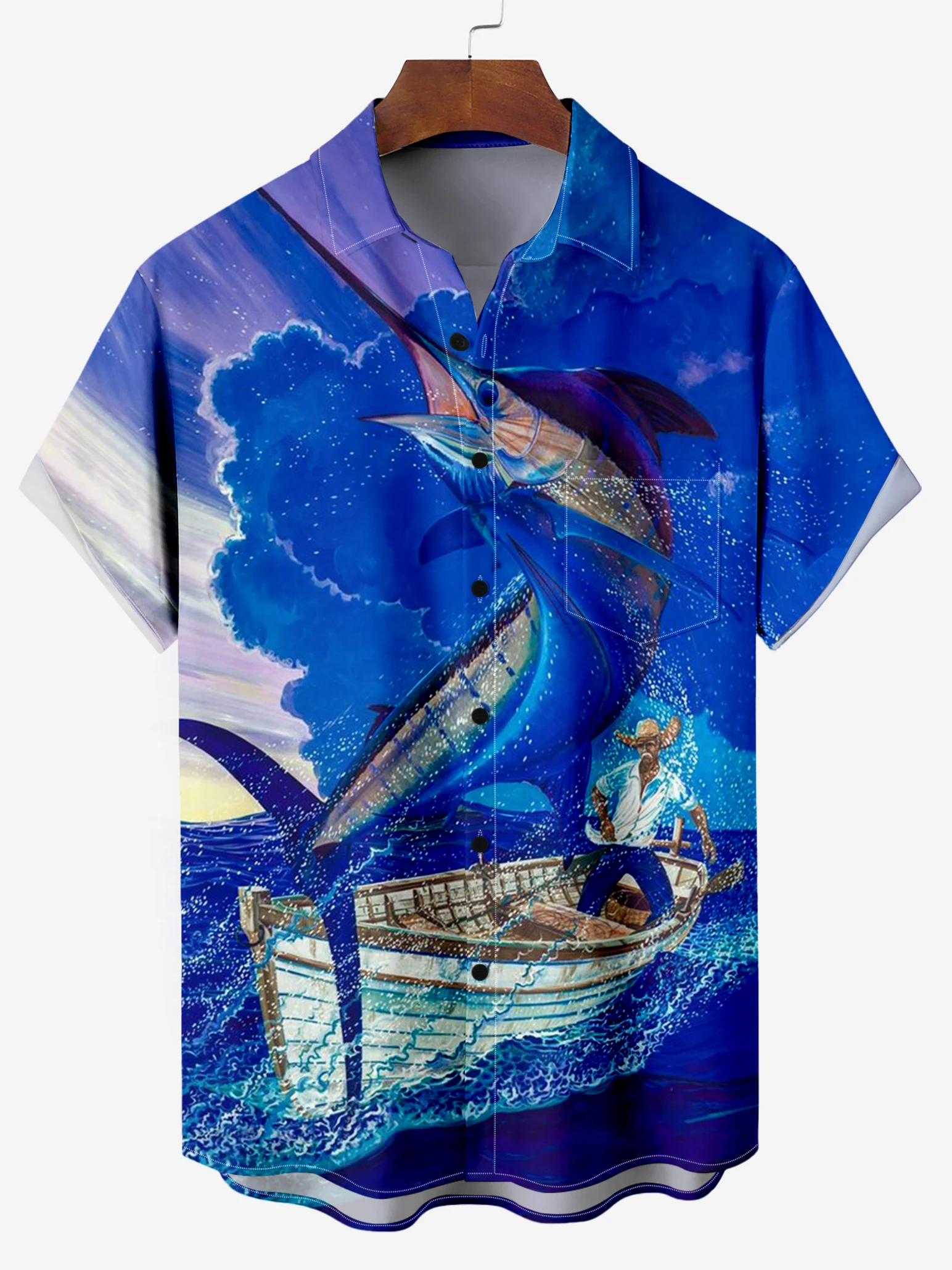 Men's Comfortable Breathable Hawaiian Fishing Print Shirt Mens Short Sleeve Shirt Summer Loose Beach Oversize Top Shirts For Boy