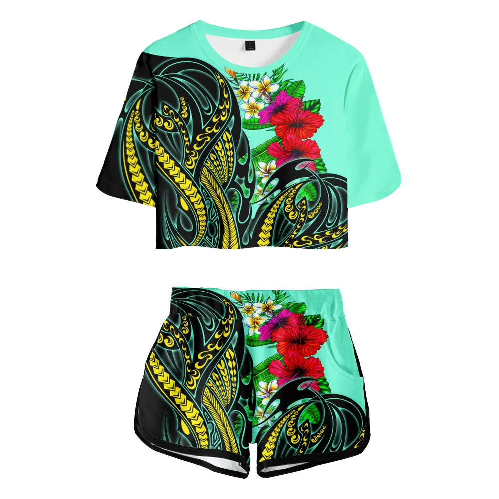 Chándal de flores azules Tahiti polinesia 3D para niñas, conjunto de dos piezas, camiseta, pantalones cortos, disfraces, Camiseta corta de dos piezas