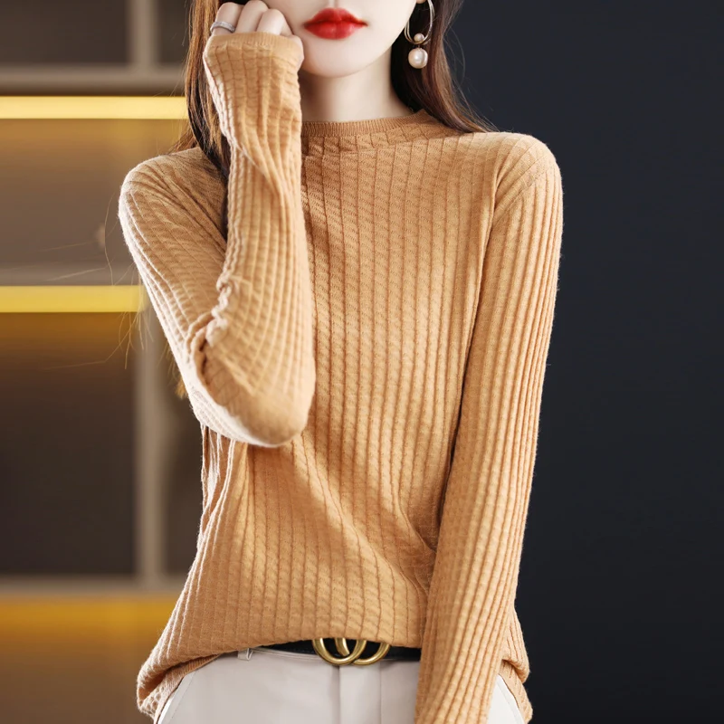 Spring/Summer Thin Long Sleeve T-shirt Underlay T-shirt Round Neck Fine Lmitation Wool Fashion Temperament Women Wear Loose And