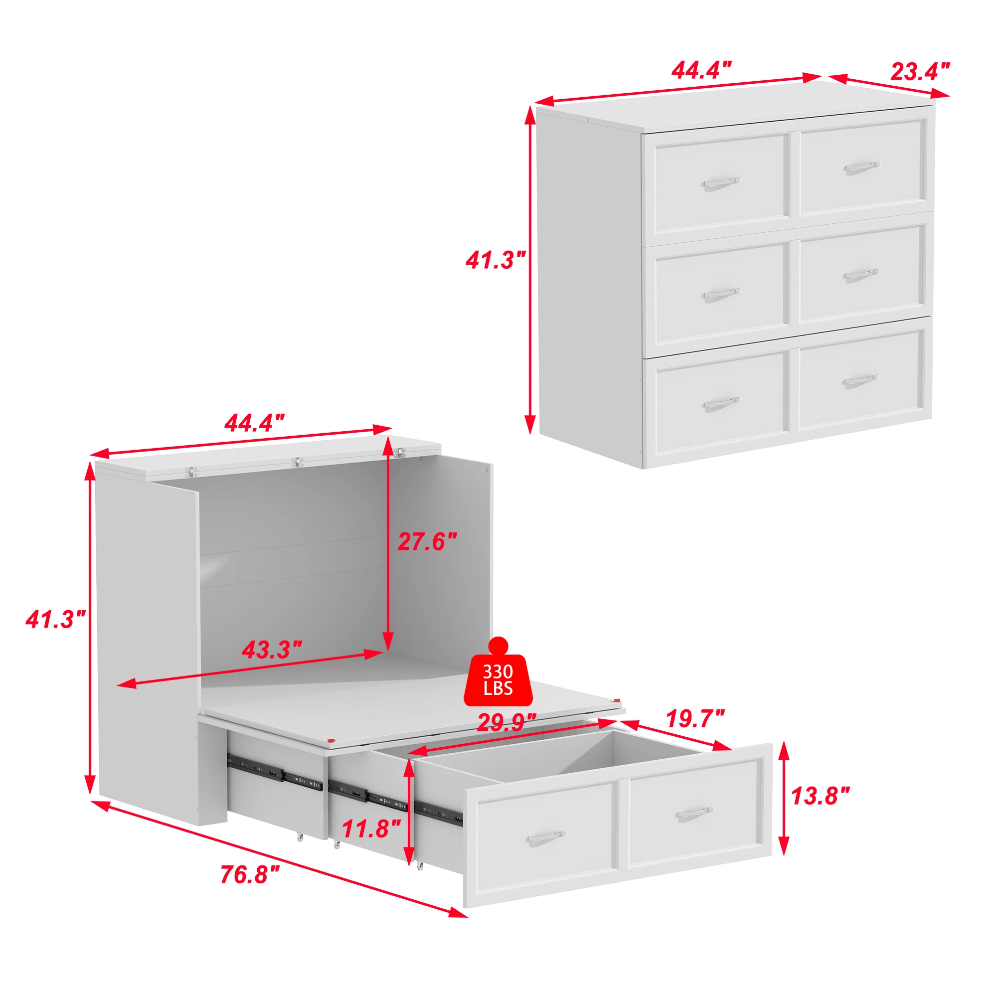 سرير FUFU&GAGA Murphy مع أدراج تخزين، خزانة سرير قابلة للطي 2 في 1 مع شريط طاقة مدمج لغرفة النوم وغرفة الضيوف، أبيض