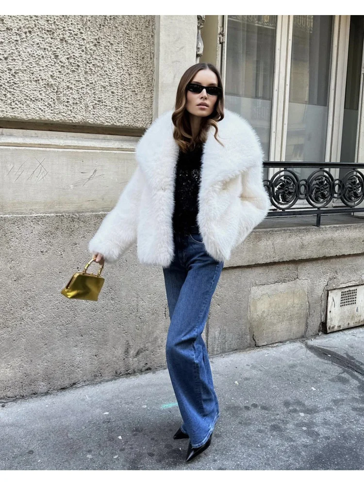 Elegancki płaszcz z imitacji futra z klapami, modny, jednolity kolor, delikatny, ciepły, wygodny, klasyczny, uroczy, zimowy, temperamentny, do pracy, miękki.