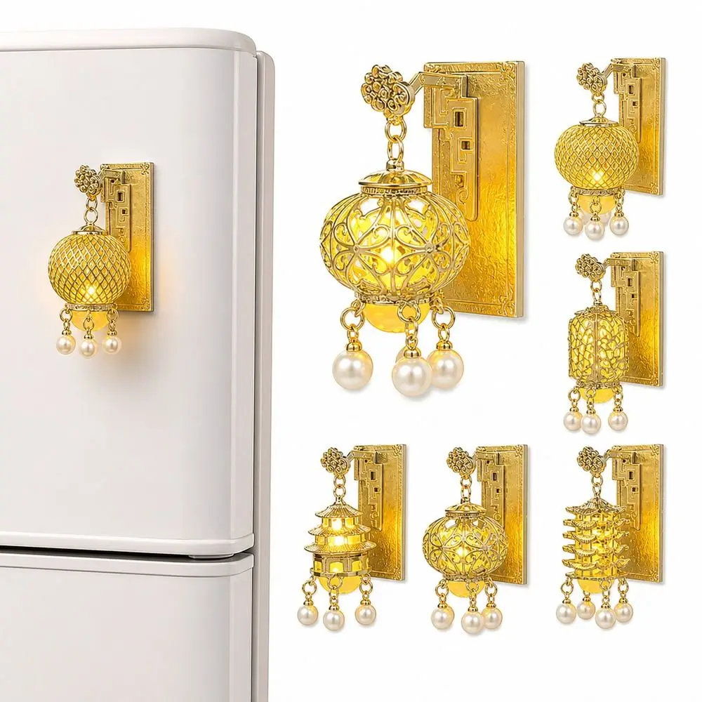 Light Up Lantern Fridge Magnet New Chinese Style Palace Style Pavilion Fridge Magnet Pearl Embellishment Tassel Pendant