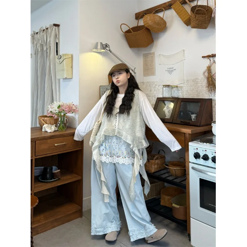 

Spring 2026 Women's Lace Long Sleeve T-Shirt And Pants Set High Waist Flounce Design Unique Ensemble Fashionable Layering