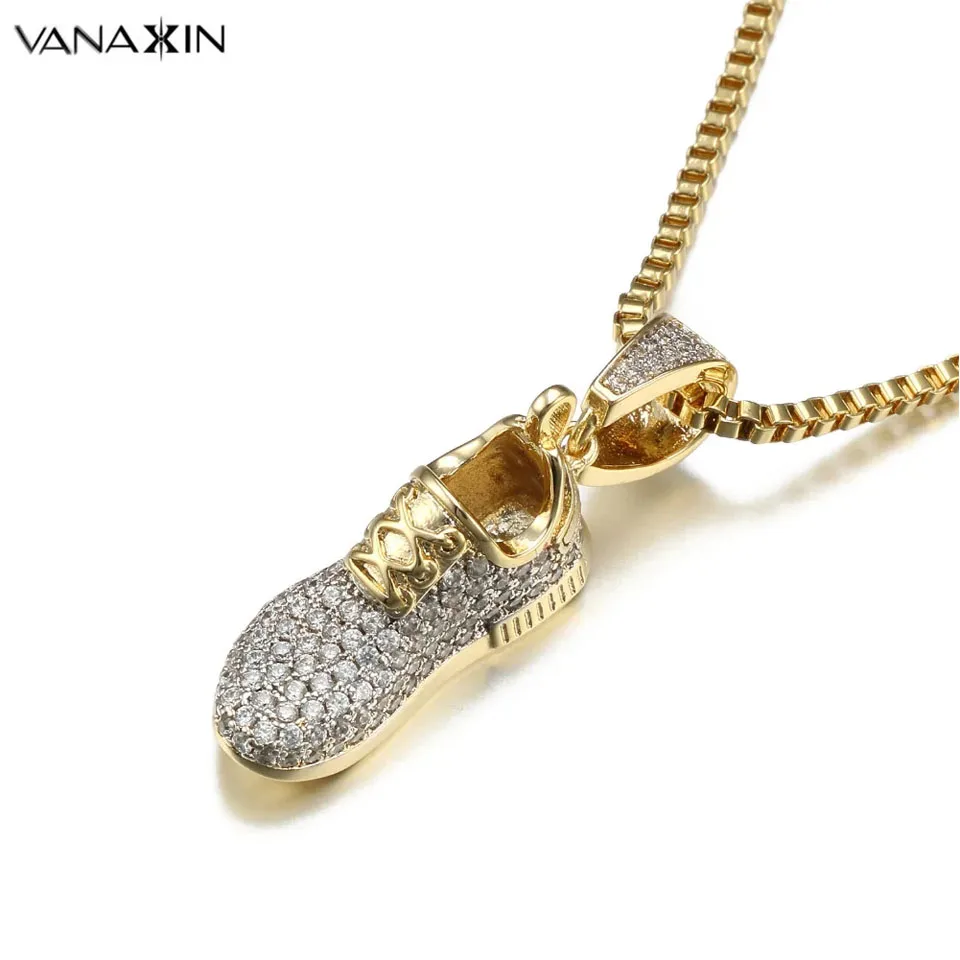 

VANAXIN Punk Sneaker Shoes Pendants Necklaces for Men Shiny Mini Gold Plated Hip Hop AAA CZ Fashion Women Jewelry 24'' chain