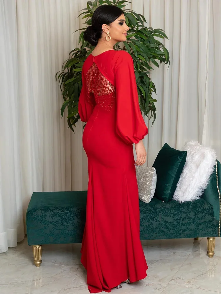 

2023 Spring/Summer Women's Sexy Splicing Bead Tube Long Sleeve Ball Dress