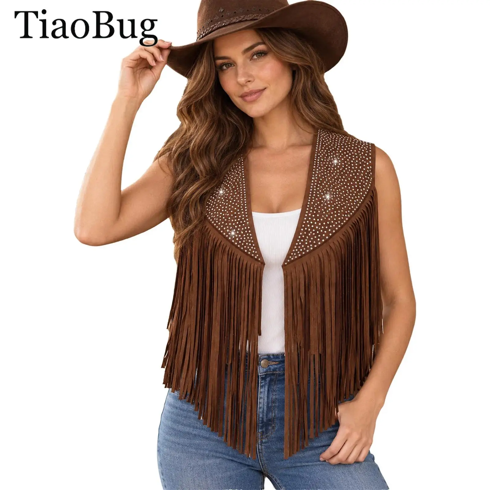 Chaleco de ante con flecos y adornos de pedrería, sin mangas, con abertura frontal, estilo vaquero hippie de los años 70 para mujer, ideal para Halloween y fiestas de disfraz.