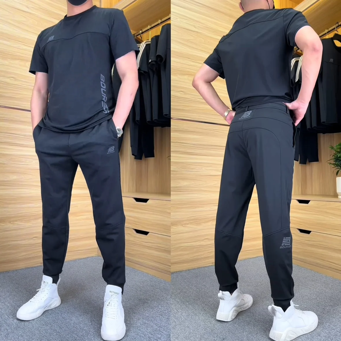 

Ice Silk Quick Dry High Elastic Casual Set Men's Fashion Loose Anti-Wrinkle Breathable Sports Wear Two Piece Suit Summer