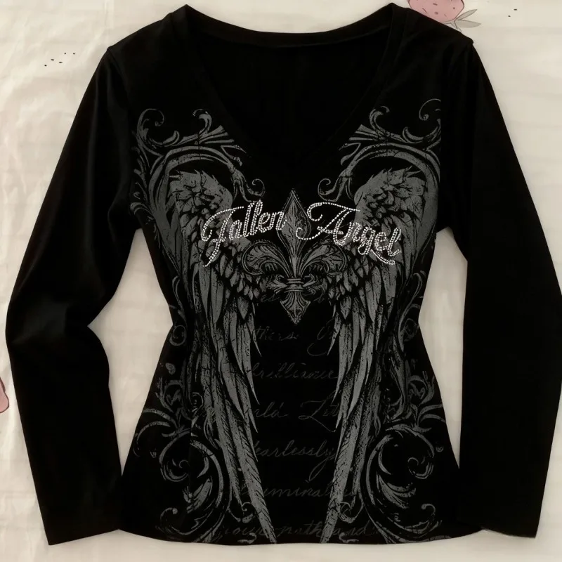 

Deeptown Black Gothic Graphic T-Shirts Women Y2k Vintage Punk Rhinestone Long Sleeve Tees American Style Grunge Harajuku Loose