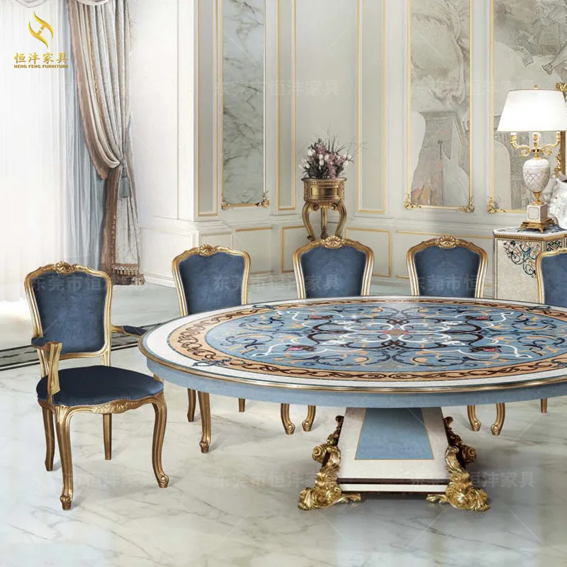 European-Style Luxury Solid Wood Round Table Dining Chair Combination French Furniture Shell Dining Table Italian Villa Res