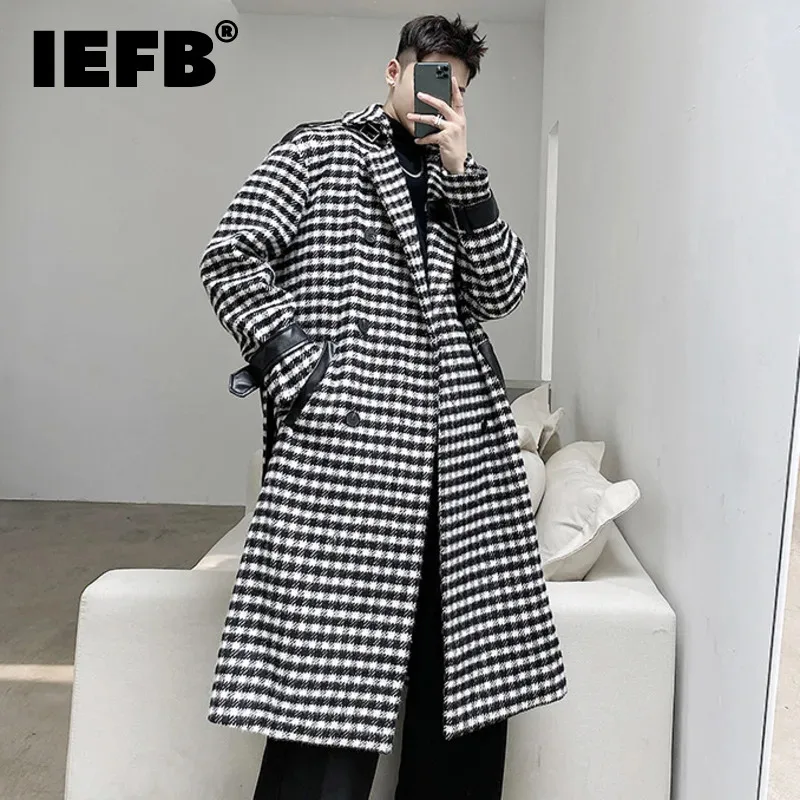 

IEFB New Stylish Men's Woolen Coat Thickened Trendy Contrast Color Plaid Overcoat 2023 Winter Male Outwear Korean Style 9D0938