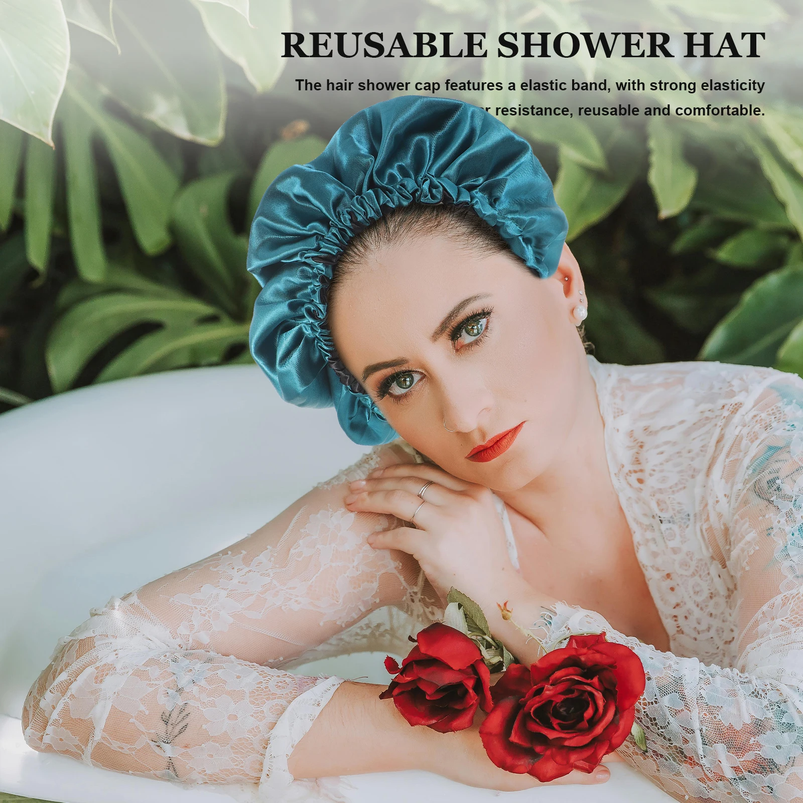 

Elastic Haircare Hat Reusable Shower Cap Large Bath Satin Bonnet Polyester Caps Women Black Lining Blue Color Fits Most Heads