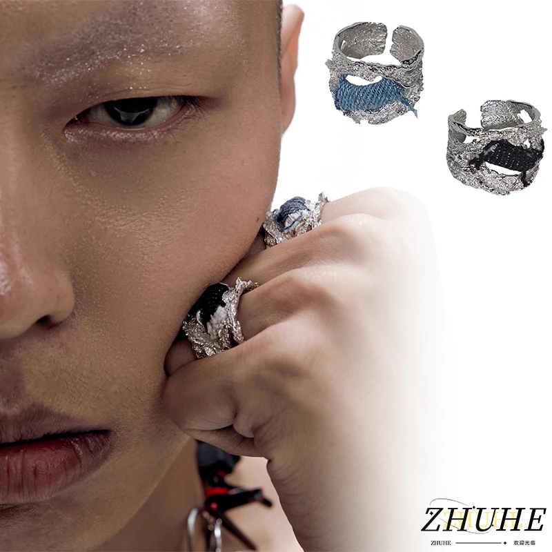 

ZHUHE Denim Spliced Open Ring, Gothic Style Copper Material Neutral Style Jewelry Accessory
